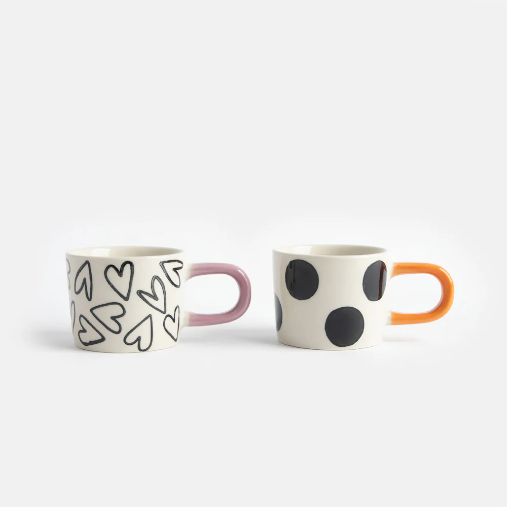 Caroline Gardner Mono Hearts / Spots Set of 2 Espresso Cups