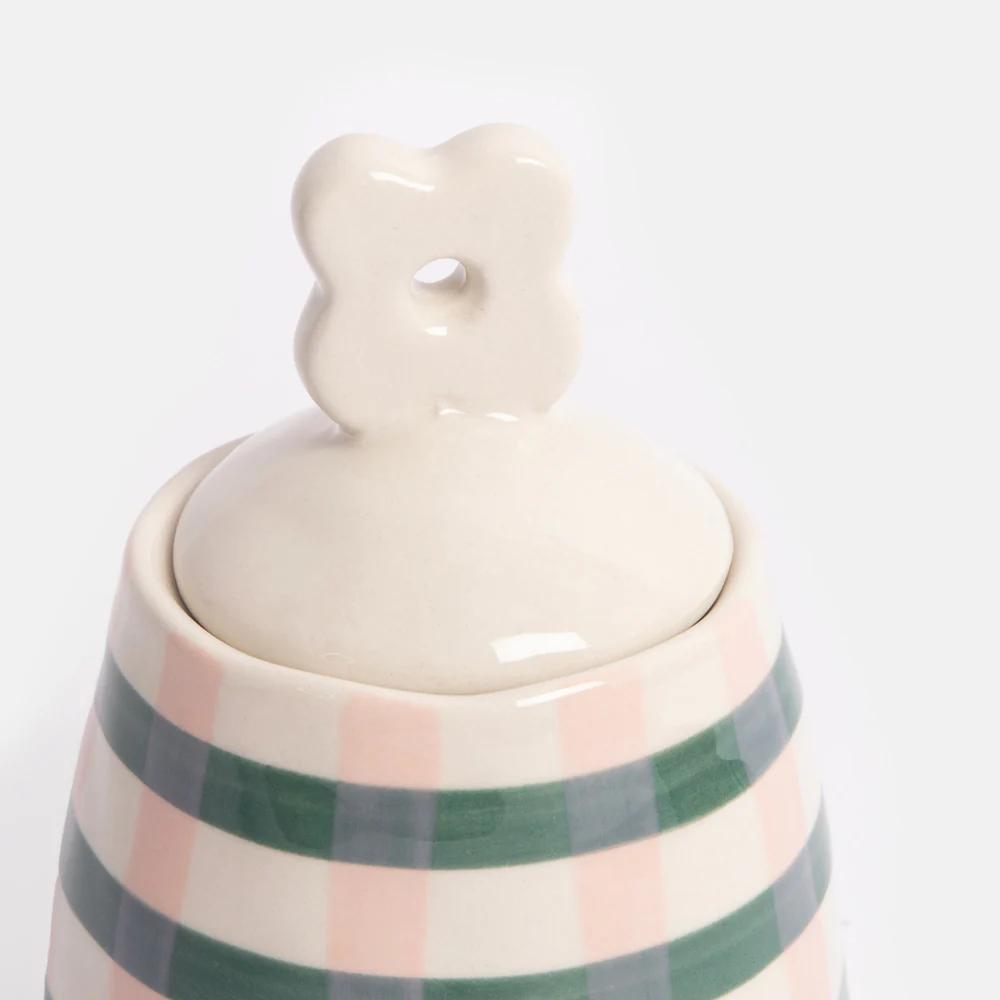 Caroline Gardner Caroline Gardner Pink & Green Check Stoneware Pot With Lid