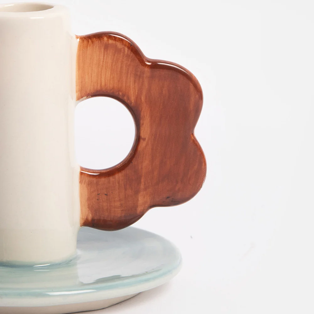 Caroline Gardner Blue/Brown Flower Stoneware Candle Holder