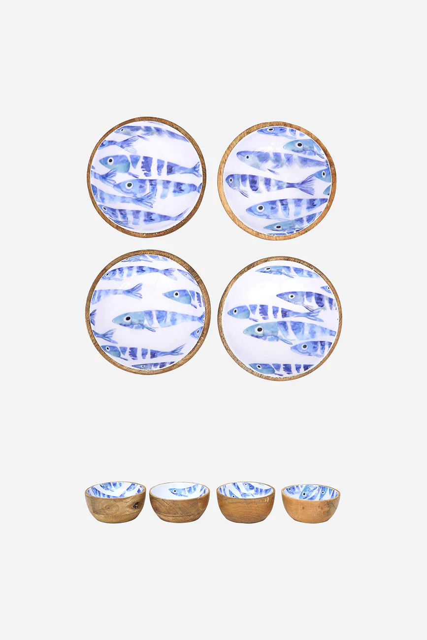 Batela Enamel Wooden Bowl With Fish Motif 8.5cm