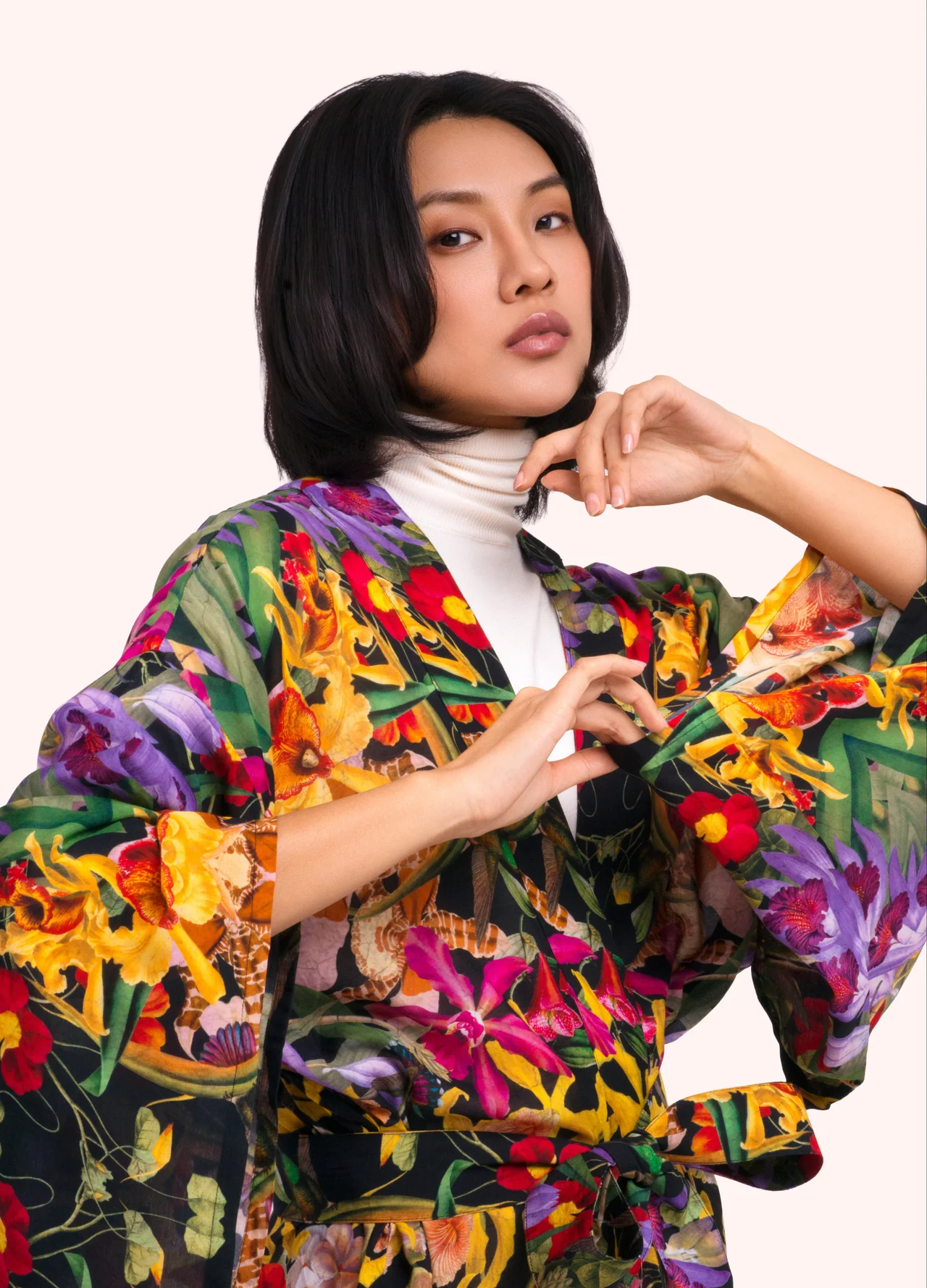 Powder Long Kimono Gown - Botanical Kaleidescope
