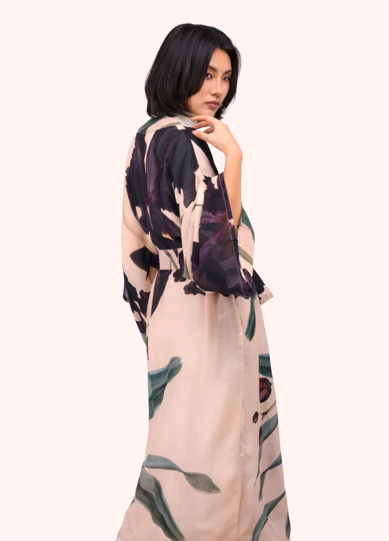 Powder Long Kimono Gown - Midnight Orchid